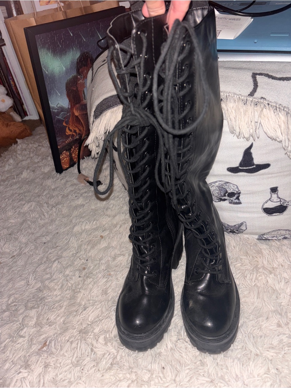 Windsor Black Lace-Up Knee-High Combat Boots
